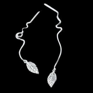 Elegant Sterling‎ Silver Threaded Leaf Design Dangle Earrings